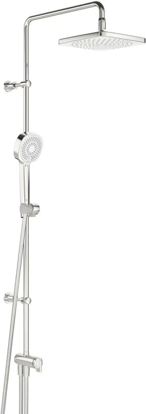 Kopfbrause-Set von HANSA mit einer großen, quadratischen Regendusche und einem separaten Handbrausekopf, montiert an einer verchromten Halterung.